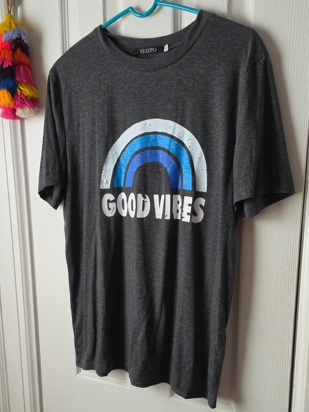 NWOT Women's 'Good Vibes' Graphic Tee - Charcoal with Blue Rainbow